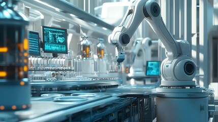A largescale biopharmaceutical manufacturing facility where advanced robotics work alongside bioreactors Robotic arms are moving materials