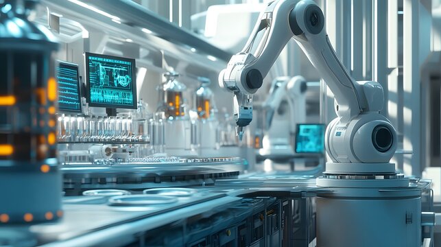 A largescale biopharmaceutical manufacturing facility where advanced robotics work alongside bioreactors Robotic arms are moving materials