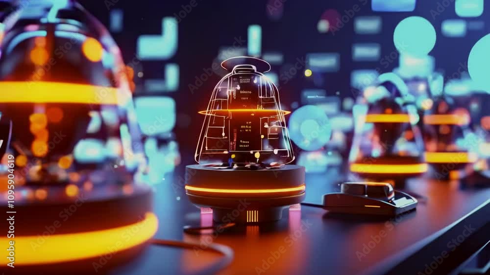 Poster futuristic devices with glowing elements on a tech workspace.