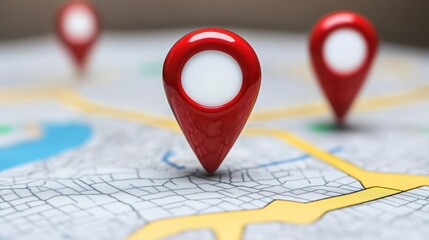 Fototapeta premium Red pin on map, highlighting specific location among multiple destinations for travel planning and navigation