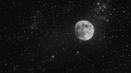 Bright moon shining in a cloudless sky, surrounded by countless sparkling stars