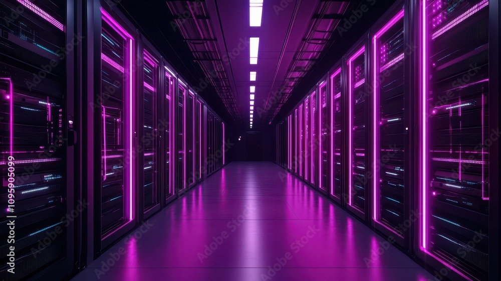 Aufkleber long server room hallway with rows of network servers, look into modern data center infrastructure
