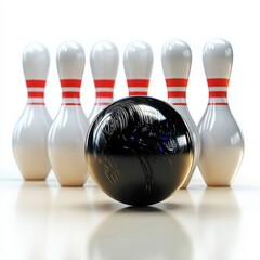 Bowling action with a black ball striking pins bowling alley sports event indoor eye-level view competition spirit