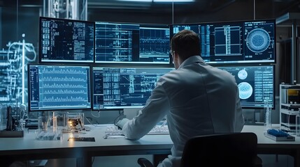 A high-tech control room overseeing the entire biopharmaceutical manufacturing process Large screens display realtime data from bioreactors and production systems Engineers in unif