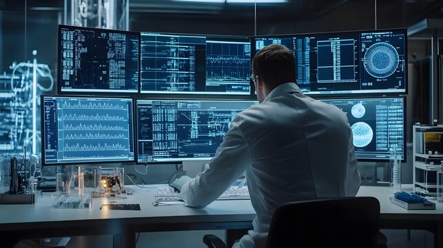 A high-tech control room overseeing the entire biopharmaceutical manufacturing process Large screens display realtime data from bioreactors and production systems Engineers in unif - Powered by Adobe