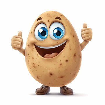 Cute cartoon-style potato character with big blue eyes, smiling and giving two thumbs up, against a white background