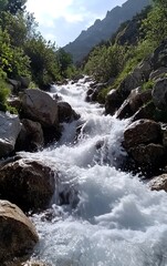 A mountain stream rushing downhill with incredible force, carving its way through rocks and trees, mountain stream, water force in nature