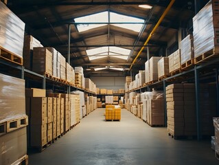 Warehouse interior with skylights, bright and spacious, clean logistics environment