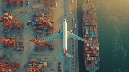 Airplane and Cargo Ship at Busy Global Port