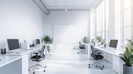 A spacious, bright office interior featuring clean white walls, open desks, and a quiet, serene atmosphere, with an empty wall ready for branding or design mock-ups.