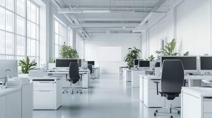 A spacious, bright office interior featuring clean white walls, open desks, and a quiet, serene atmosphere, with an empty wall ready for branding or design mock-ups.
