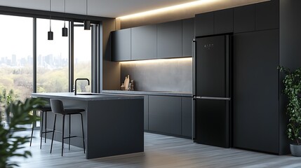 Modern dark kitchen interior with island, city view, and appliances.