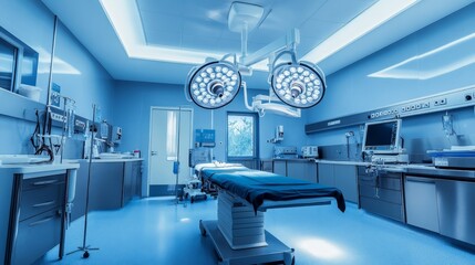 A sterile surgical room in a clinic, with bright lighting and medical instruments neatly organized for a procedure.