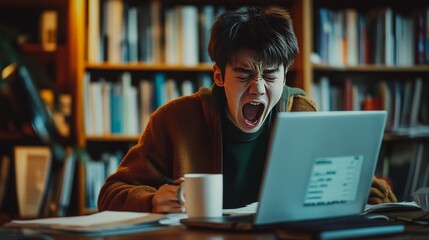 A student sitting at a study desk, yawning while looking at their notes, with a half-empty cup of coffee beside them.