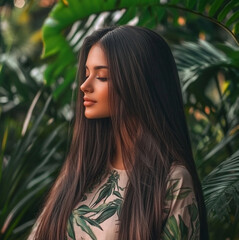 A photo of an attractive woman with beautiful silky laminated hair Beautiful tropical background with green plants, with pastel colors