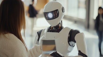 A tech entrepreneur using an AI-powered robot to demonstrate capabilities at a tech fair.