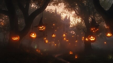 Illuminate your halloween spirit with enchanting pumpkin lanterns in a mysterious forest setting
