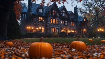Enchanting autumn evening a spooky mansion surrounded by pumpkins and fall foliage