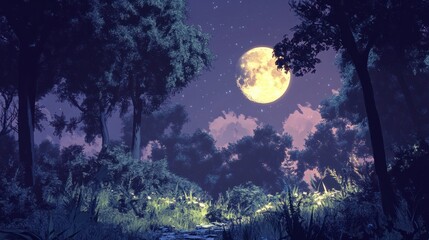 Full moon casting its glow over a dense forest, creating a mystical and enchanting night scene