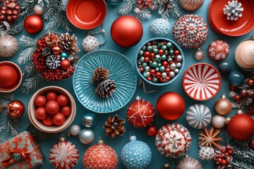 A festive christmas decorations with Items such as balls, gift box.