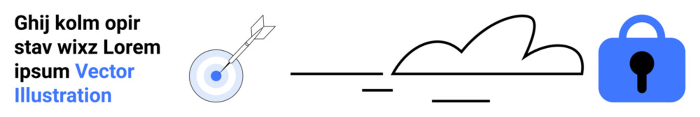 Blue lock with keyhole, dart hitting target bullseye, and abstract cloud with lines. Ideal for security, technology, goal setting, cloud services, data protection, business, digital illustration