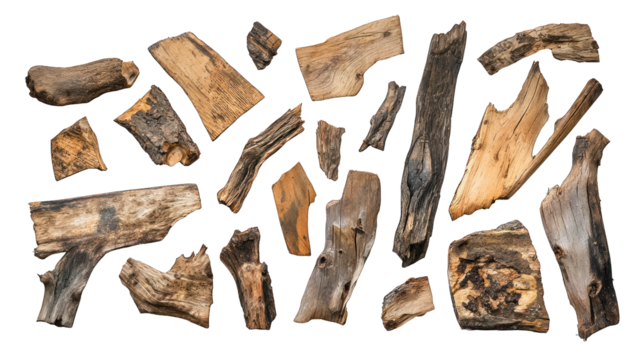 Scattered decomposed wood pieces, artfully captured from above on white.