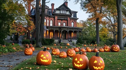 Create a spooktacular halloween atmosphere with jack-o-lanterns in front of a vintage mansion
