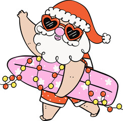 Cute Groovy Summer Christmas Beach Santa with surboard cartoon doodle