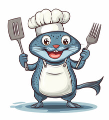 A vector illustration of a happy, blue cartoon otter wearing a chef's hat and apron, holding kitchen utensils against a white background