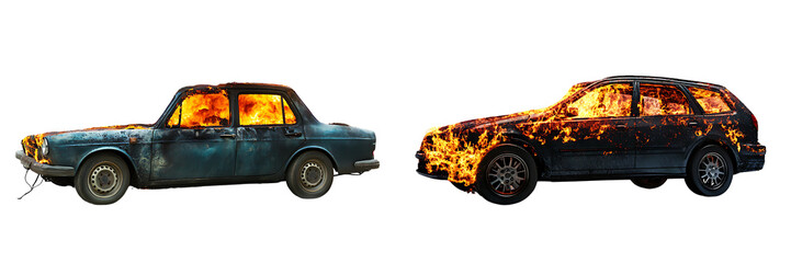 Set of a burning car, isolated on a transparent background.