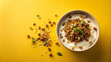 A Delicious and Nutritious Bowl of Yogurt with Granola and Seeds on a Vibrant Yellow Background