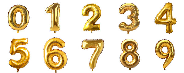Set of a golden, number 0 to 9 shaped balloon, isolated on a transparent background.