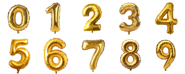 Set of a golden, number 0 to 9 shaped balloon, isolated on a transparent background.