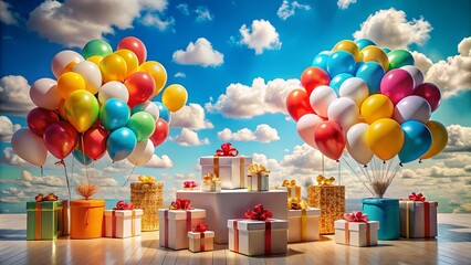 A festive scene of colorful balloons ascending against a vibrant sky, alongside an array of beautifully wrapped presents, creating a joyous and celebratory atmosphere.