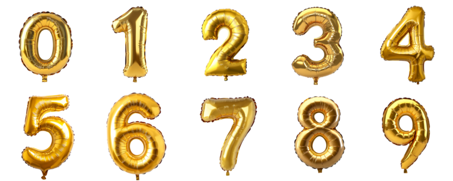 Set of a golden, number 0 to 9 shaped balloon, isolated on a transparent background.