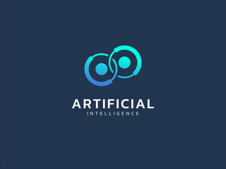 Artificial intelligence with twisted infinity double circle chainlink network symbol technology Analysis logo vector design concept. AI technology logotype symbol for advance technology, company, ui.