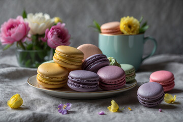 Colorful pastel macarons&mdash;pink, mint, lavender, yellow&mdash;on white plate, flower accents, elegant gray linen background, soft luxury vibe