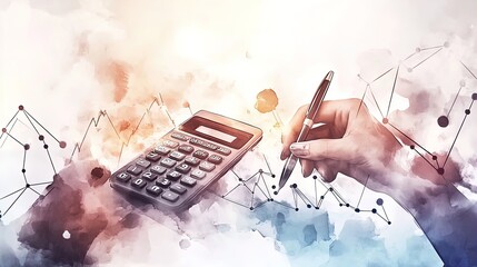 Futuristic Financial Analysis Poster: Close-Up of Hands on Calculator with Pen, Overlaid with Digital Charts in Soft Blue and White Tones - Perfect for Modern Office or Study Spaces