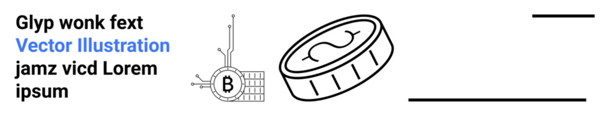 Bitcoin logo on a circuit board connected to a floating Bitcoin coin and placeholder text. Ideal for blockchain, fintech, digital currency, investment, decentralization, economic illustrations