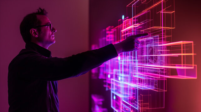 A person interacting with a 3D hologram of a layered firewall system, highlighting active protection zones and vulnerabilities in AR.