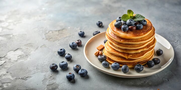A delicious stack of golden pancakes topped with fresh blueberries and a sprig of mint, served on a plate with additional berries