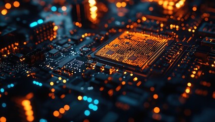 Illuminated Circuitry: A Close-Up of a Microchip's Intricate Design