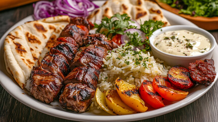 delicious kebab with juicy grilled meat, fresh vegetables, and warm pita bread, served with a side of tangy sauce