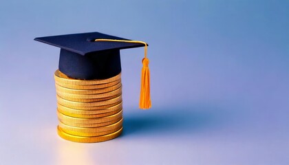 A graduation cap perched atop a stack of coins symbolizes the relationship between education and financial investment.