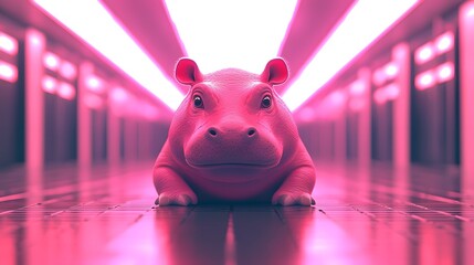 A Playful Baby Hippo in a Neon-Lit Environment with a Cheeky Grin and a Mischievous Stare. Snarky Baby Hippo Concept