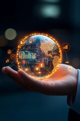 Hand holding a glowing holographic globe with financial symbols, global business opportunities