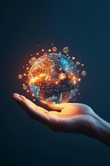 Hand holding a glowing holographic globe with financial symbols, global business opportunities