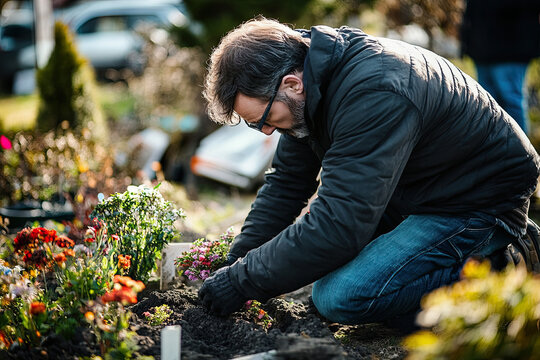 Professional undertaker preparing a gravesite in a respectful manner