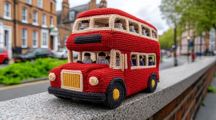 Obraz premium Adorable Knitted Double Decker Bus Toy on Wall City Background