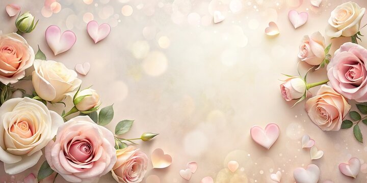 Romantic pastel roses and hearts background for Valentine's Day or wedding invitations